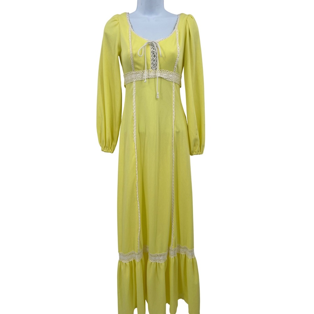 Vintage 70s Victorian Dress Cottage Gunny Sacks Lemon Yellow Butter Lace Size XS